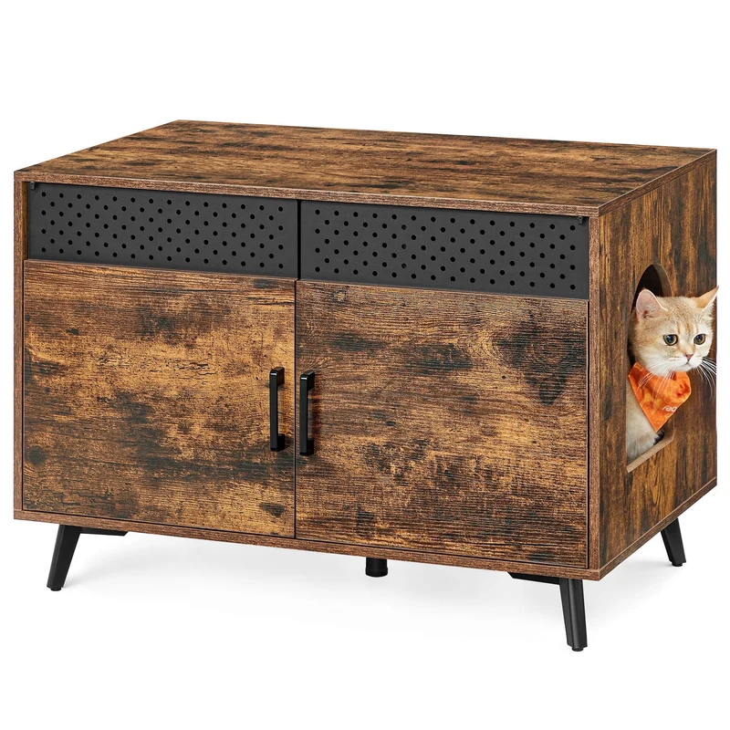 Litter Box Enclosure, Cat Litter Box Furniture Hidden, with Removable Divider, High Legs, Cat House for Indoor Cats, Side End Table, 31.5 x 19.7 x 21.7 Inches, Rustic Brown