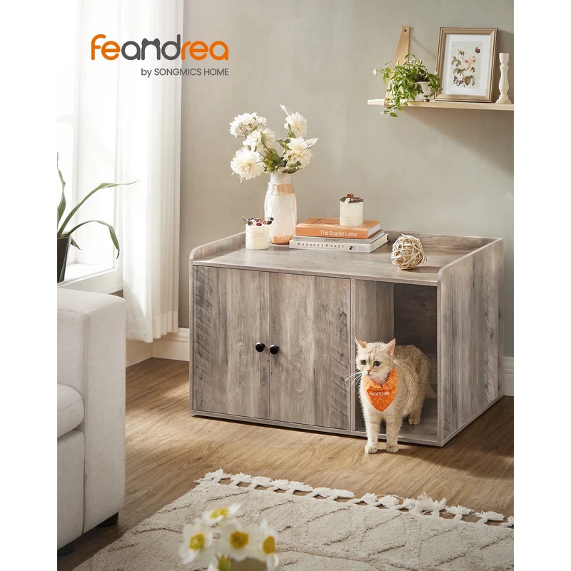 Litter Box Enclosure, Cat Litter Box Furniture Hidden, with Front Entry, Modern Cat House for Indoor Cat, Kitty, Side End Table, 32.4 x 20.9 x 19.7 Inches, Greige