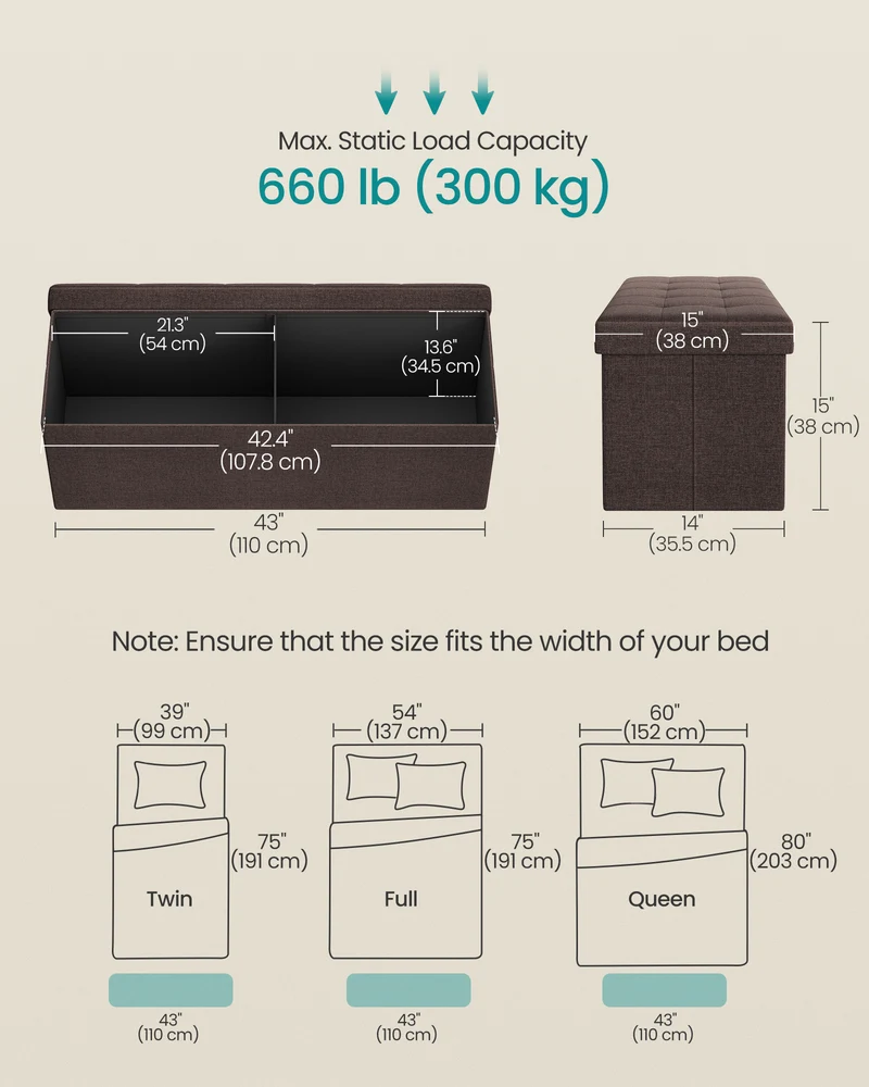 43 Inches Folding Storage Ottoman Bench, Ottoman Foot Rest, End of Bed Bench, Storage Chest, Load 660 lb, for Living Room, Bedroom, Entryway, Brown