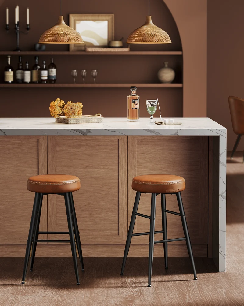 Bar Stools Set of 2, Counter Height Bar Stools, Kitchen Counter Stools, Mid-Century Modern Backless Counter Stools, 24.8-Inch Tall, Kitchen Island Home Bar, Caramel Brown