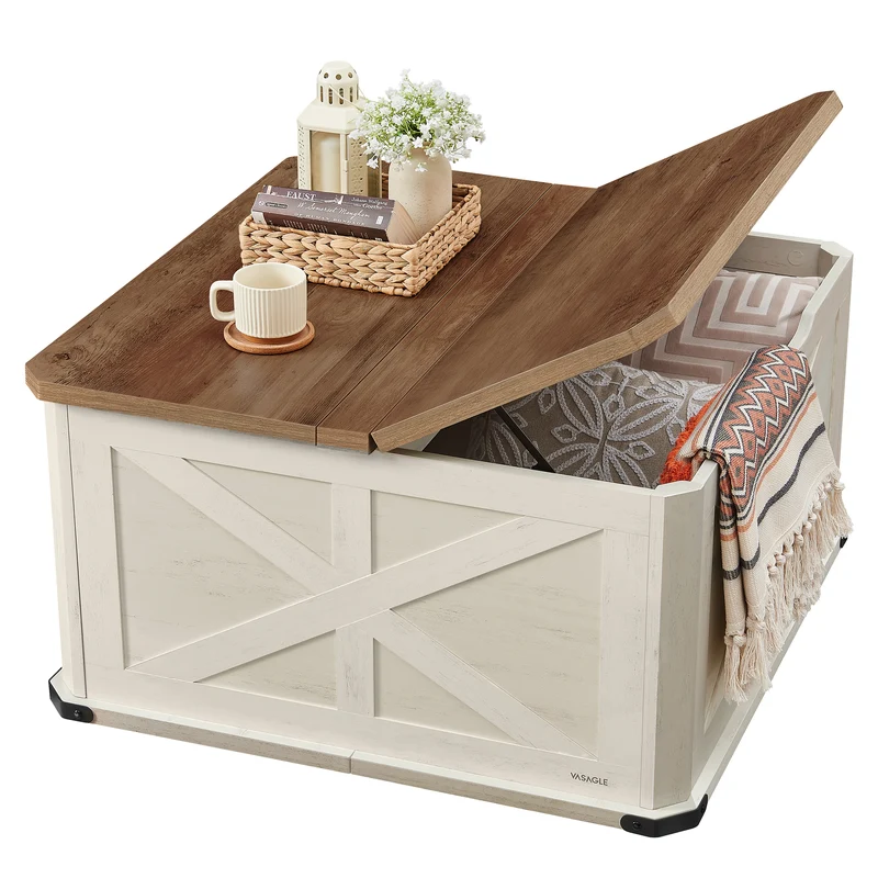 Farmhouse Coffee Table with Storage, Square Coffee Table for Living Room, Center Table with Flip-Top Lids, Honey Brown and Rustic White