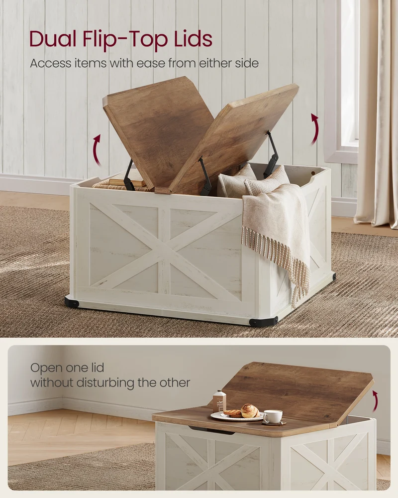 Farmhouse Coffee Table with Storage, Square Coffee Table for Living Room, Center Table with Flip-Top Lids, Honey Brown and Rustic White
