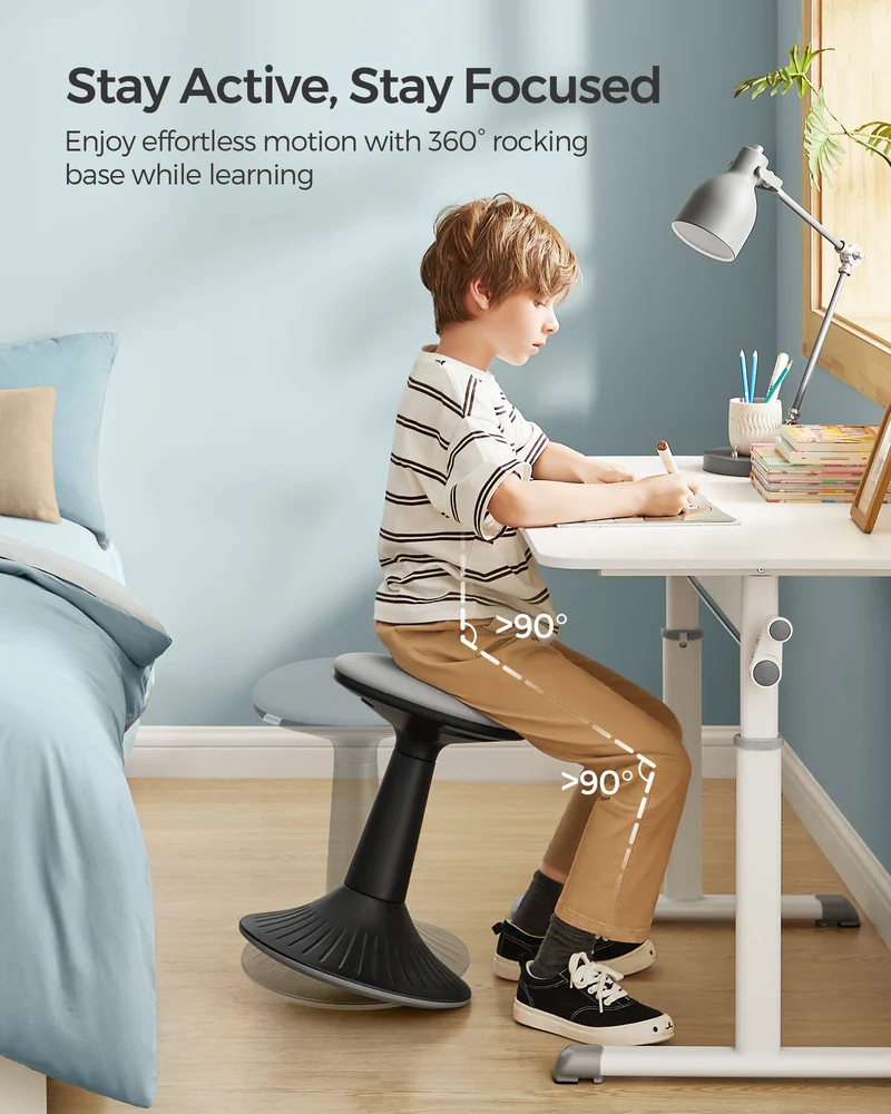 Kids Wobble Chair 6-12Y, Active Sitting Stool with Focus Support, 18.1" Height 154 lb Capacity, Anti-Slip Base Tool-Free Assembly, Ink Black and Dove Gray