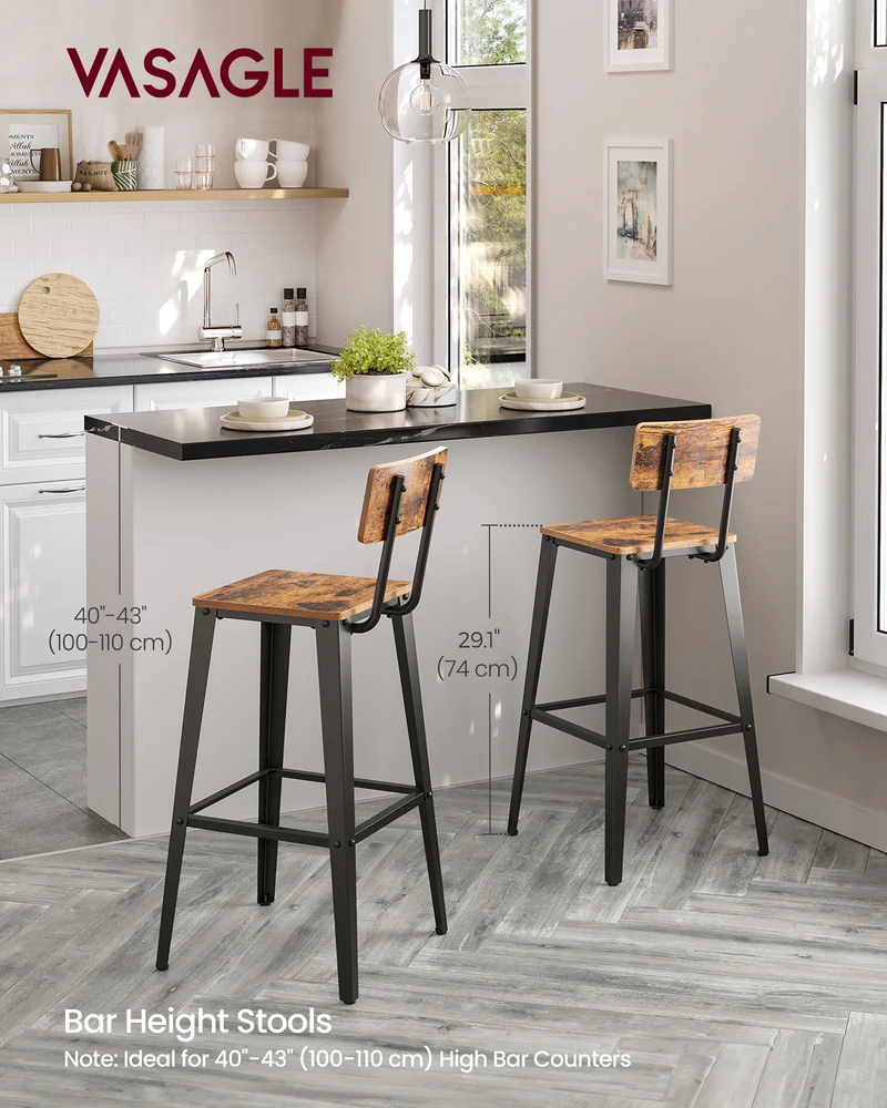 Set of 2 Bar Stools, Bar Height Stools, 29.1 Inches Tall Barstools with Back, Counter Bar Chairs for Kitchen Island, Steel Frame, Industrial Style, Easy Assembly, Rustic Brown and Ink Black