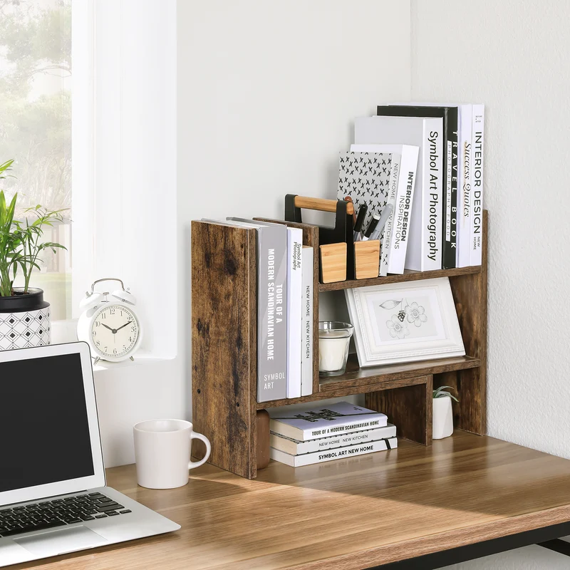 Desktop Organizer, Tabletop Storage Rack, 3 Adaptable Modules, Small Wooden Bookcase, for Office Studio Kitchen, Rustic Brown