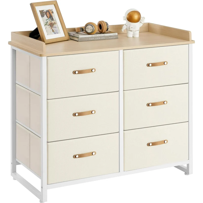Dresser for Bedroom with 6 Drawers, Chest of Drawers, with Water-Resistant Changing Table, Storage Organizer Cabinet, for Kids Room Nursery Living Room Hallway, Beige