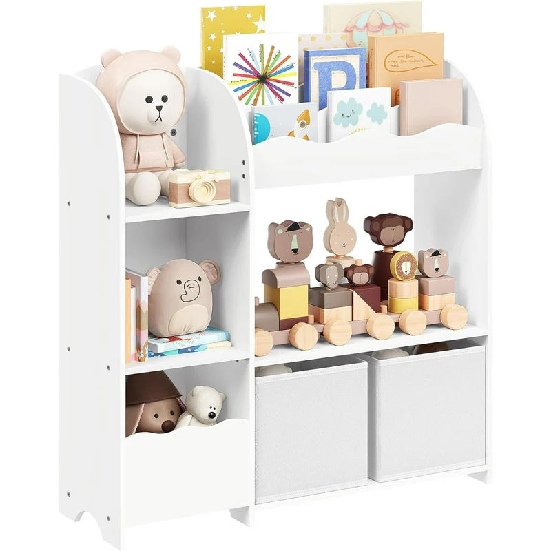 SONGMICS Kids Bookshelf and Toy Storage Storage Organizer with 2 Storage Boxes for Playroom Children's Room Living Room Cloud White