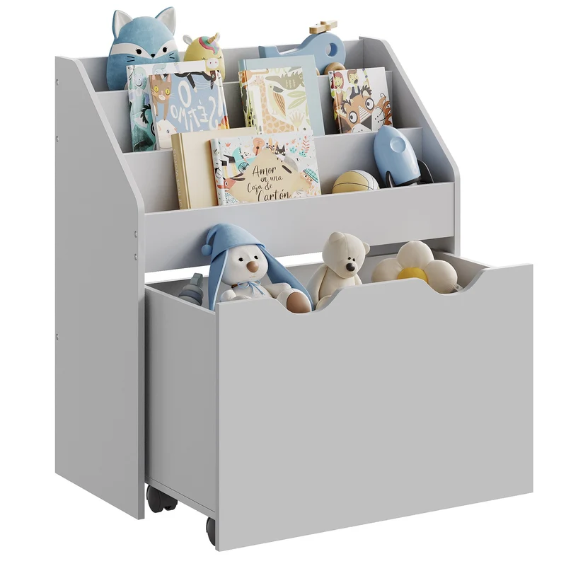 SONGMICS Kids Bookshelf and Toy Organizer, Toy Storage Chest and Bookcase with 3 Shelves, Storage Box with Wheels, Multipurpose Dove Gray