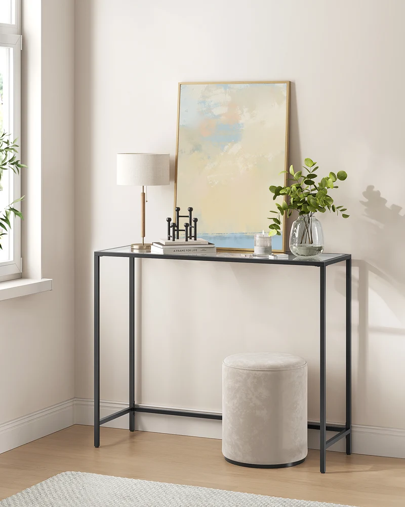 39.4 Inches Console Table, Tempered Glass Sofa Table, Modern Entryway Table, Metal Frame, Easy to Assemble, Adjustable Feet, for Living Room, Hallway, Black