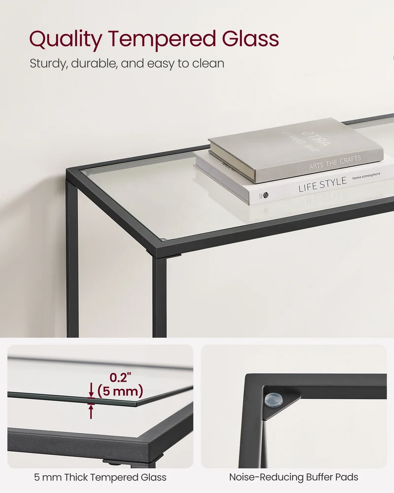 39.4 Inches Console Table, Tempered Glass Sofa Table, Modern Entryway Table, Metal Frame, Easy to Assemble, Adjustable Feet, for Living Room, Hallway, Black