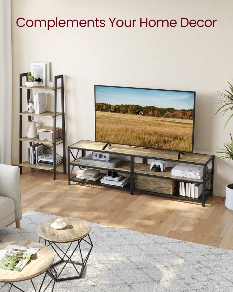 TV Stand, TV Console for TVs Up to 75 Inches, TV Table, 70.1 Inches Width, TV Cabinet with Storage Shelves, Steel Frame, for Living Room, Bedroom, Turquoise Brown and Black