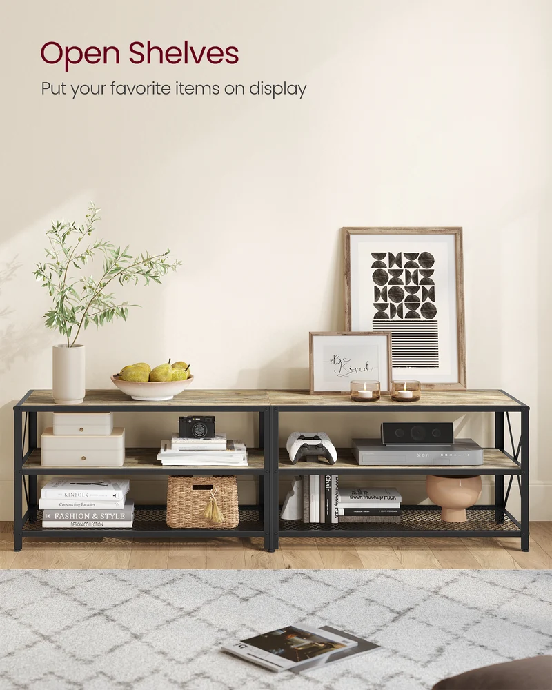 TV Stand, TV Console for TVs Up to 75 Inches, TV Table, 70.1 Inches Width, TV Cabinet with Storage Shelves, Steel Frame, for Living Room, Bedroom, Turquoise Brown and Black