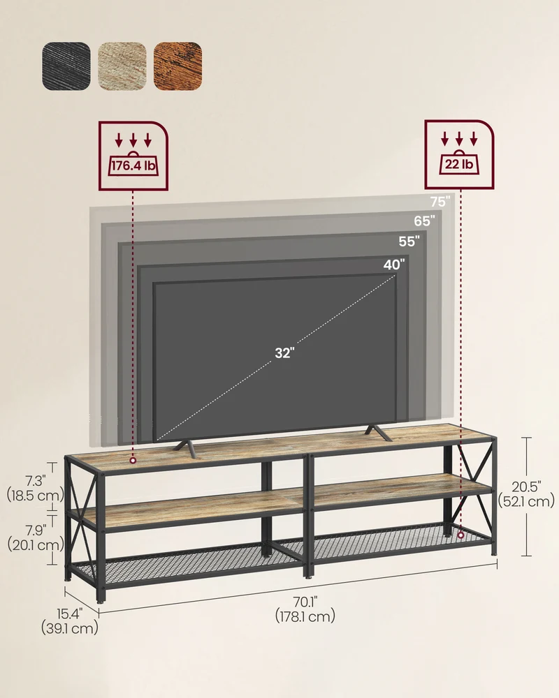 TV Stand, TV Console for TVs Up to 75 Inches, TV Table, 70.1 Inches Width, TV Cabinet with Storage Shelves, Steel Frame, for Living Room, Bedroom, Turquoise Brown and Black