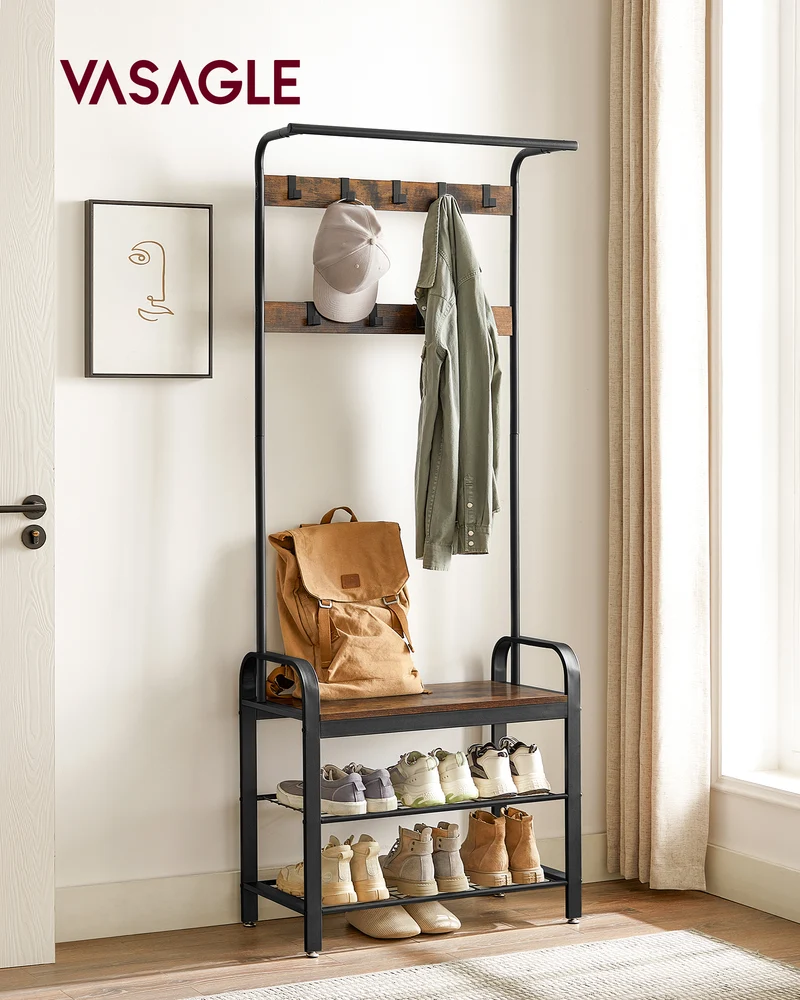 Coat Rack, Hall Tree with Shoe Bench for Entryway, Entryway Bench with Coat Rack, 4-in-1, with 9 Removable Hooks, a Hanging Rod, 13.3 x 28.3 x 72.1 Inches, Rustic Brown and Black