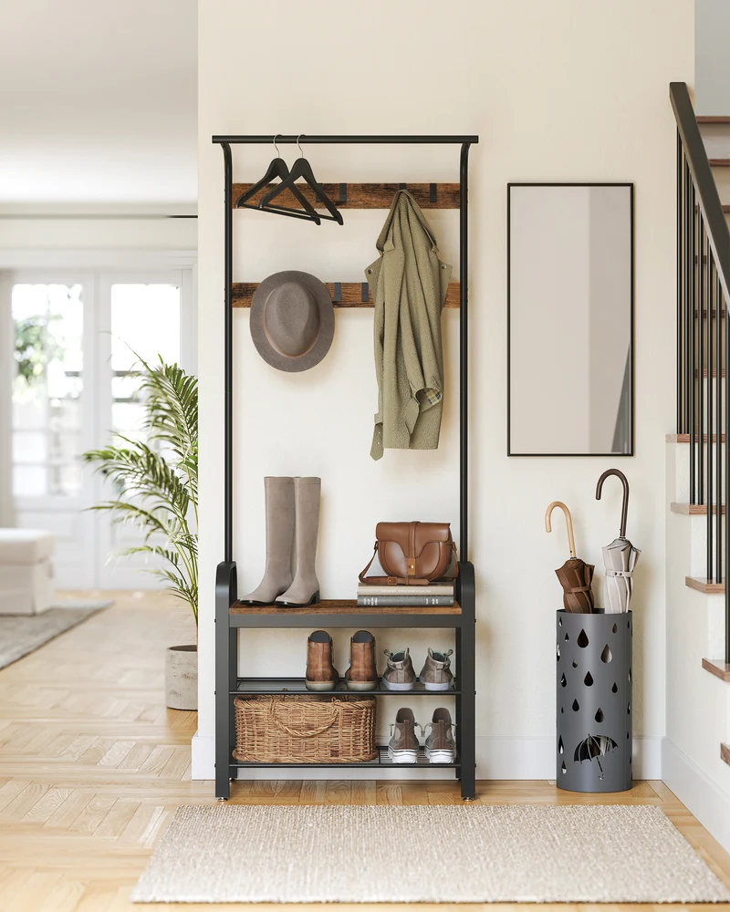 Coat Rack, Hall Tree with Shoe Bench for Entryway, Entryway Bench with Coat Rack, 4-in-1, with 9 Removable Hooks, a Hanging Rod, 13.3 x 28.3 x 72.1 Inches, Rustic Brown and Black