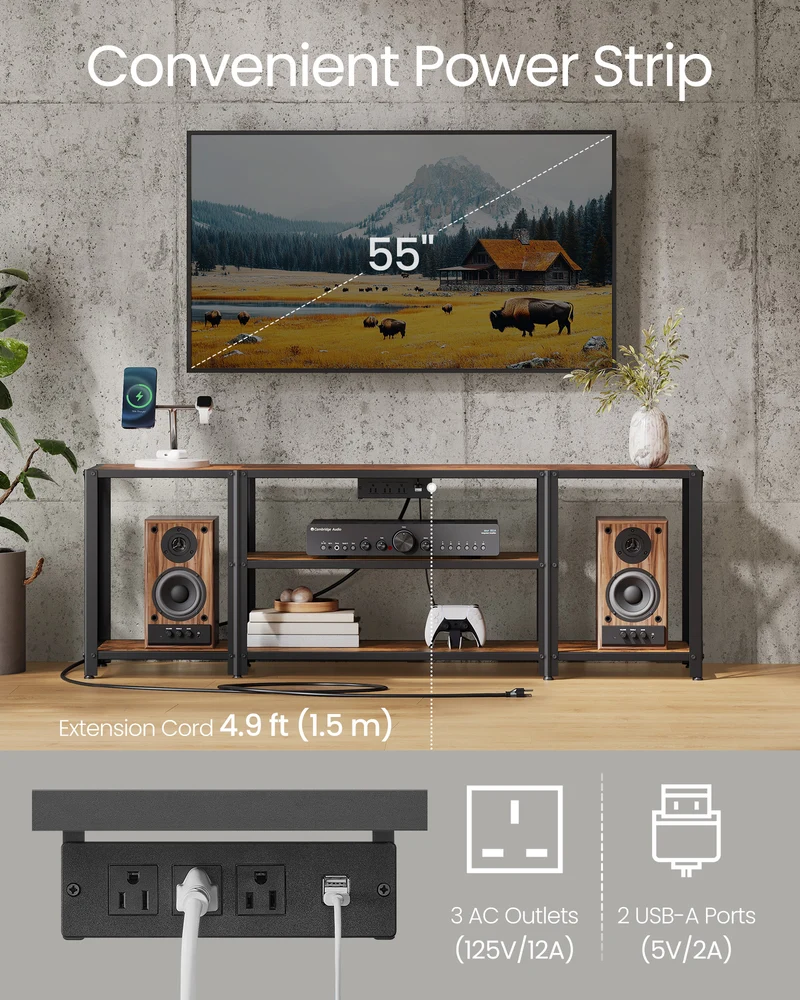 TV Stand with Power Outlets and LED Lights, for TVs up to 60 Inches, Entertainment Center with Open Storage Shelves, TV Console Table for Living Room, Rustic Brown and Ink Black
