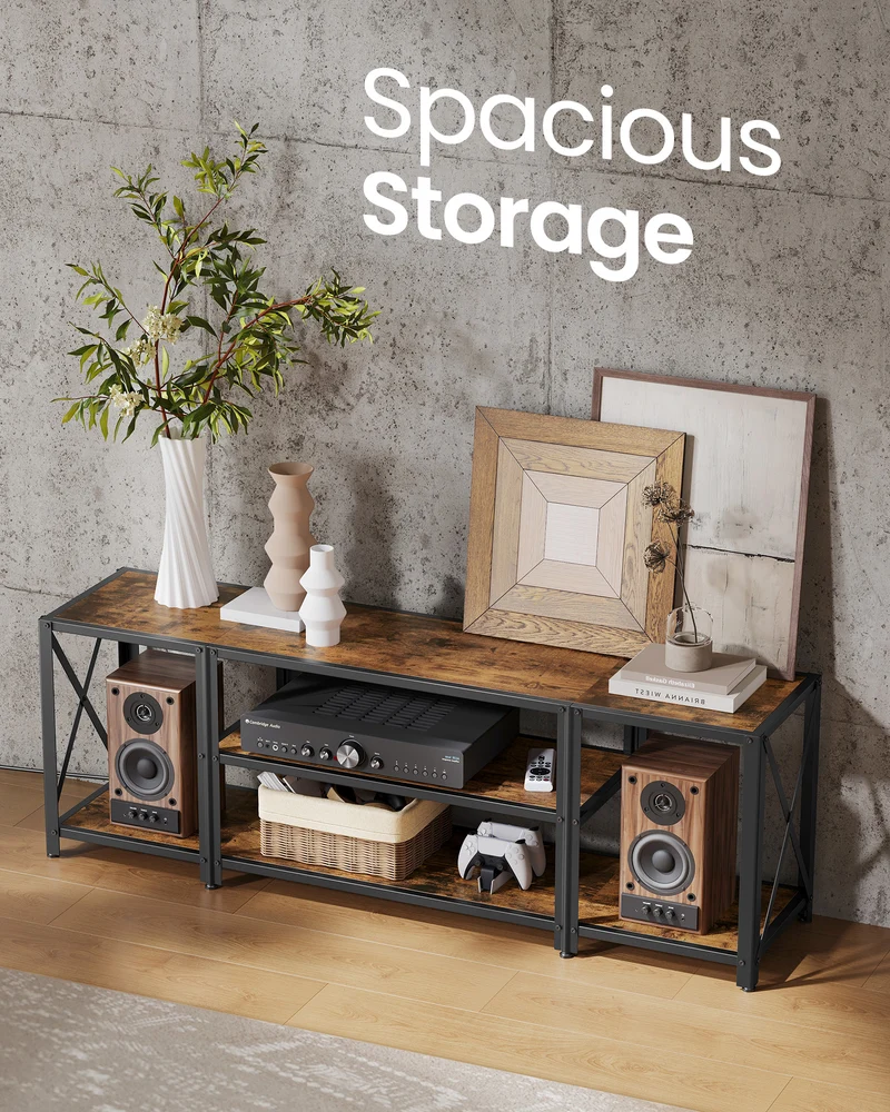 TV Stand with Power Outlets and LED Lights, for TVs up to 60 Inches, Entertainment Center with Open Storage Shelves, TV Console Table for Living Room, Rustic Brown and Ink Black