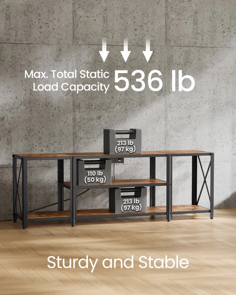 TV Stand with Power Outlets and LED Lights, for TVs up to 60 Inches, Entertainment Center with Open Storage Shelves, TV Console Table for Living Room, Rustic Brown and Ink Black