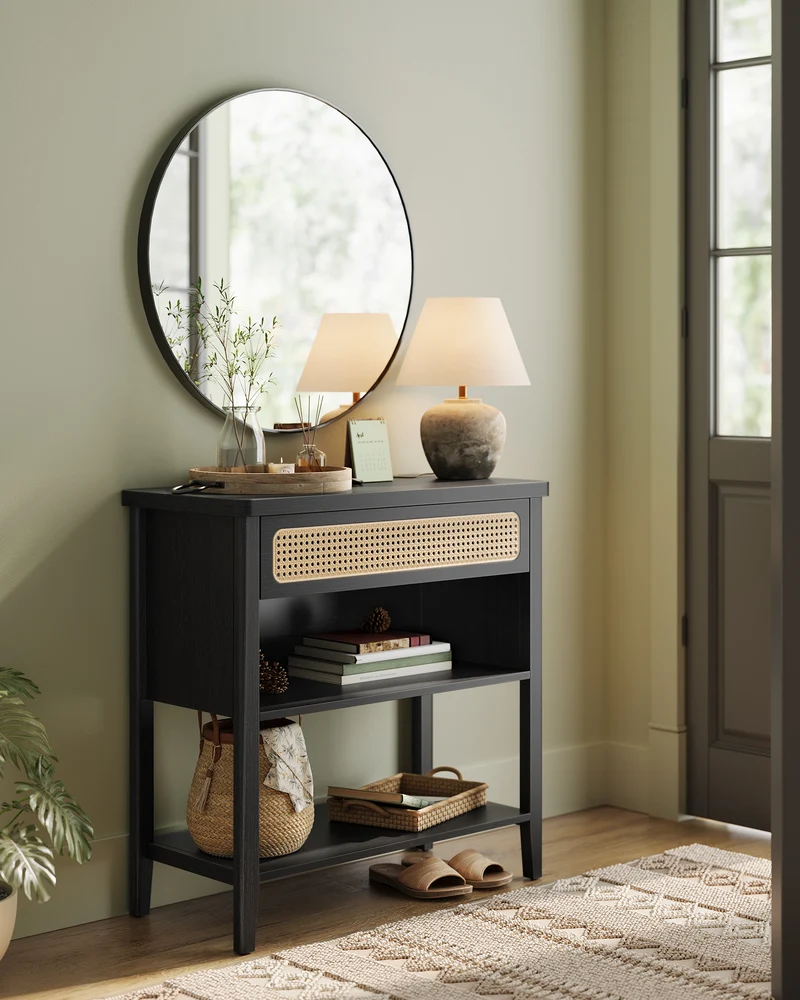 Console Table with Power Outlets, Entryway Table with Storage Shelf, Sofa Table with Drawer, Open Compartment, Rounded Corners, for Living Room, Boho Style, Ash Black