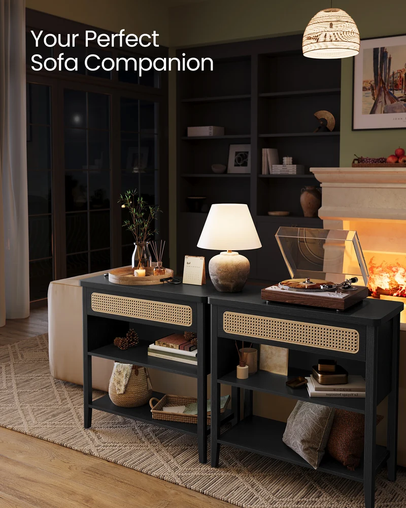 Console Table with Power Outlets, Entryway Table with Storage Shelf, Sofa Table with Drawer, Open Compartment, Rounded Corners, for Living Room, Boho Style, Ash Black
