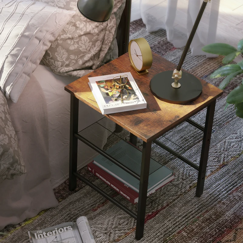 Nightstand, Set of 2 Side Tables, End Tables with Adjustable Mesh Shelves, for Living Room, Bedroom, Industrial, Stable Steel Frame, Easy Assembly, Rustic Brown and Black