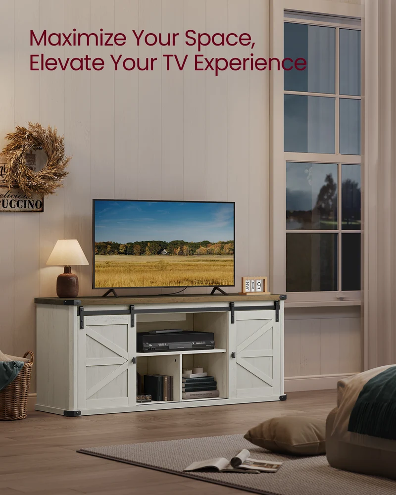 TV Stand for TVs up to 65 Inches, Farmhouse Entertainment Center with Sliding Barn Doors, TV Console Table for Living Room, Rustic White and Honey Brown