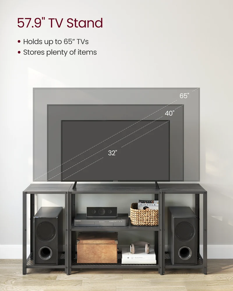 TV Stand for 65 Inches TVs, Industrial Entertainment Center, Modern TV Console with Open Storage Shelves for Living Room, Bedroom, Black