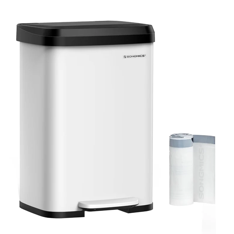 SONGMICS Kitchen Trash Can, 13-Gallon Stainless Steel Garbage Can, Soft Closure, White