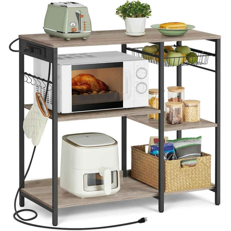 VASAGLE Baker's Rack, Coffee Bar Stand with Charging Station, Storage Shelves, 15.7 x 35.4 x 35.6 Inches, Greige