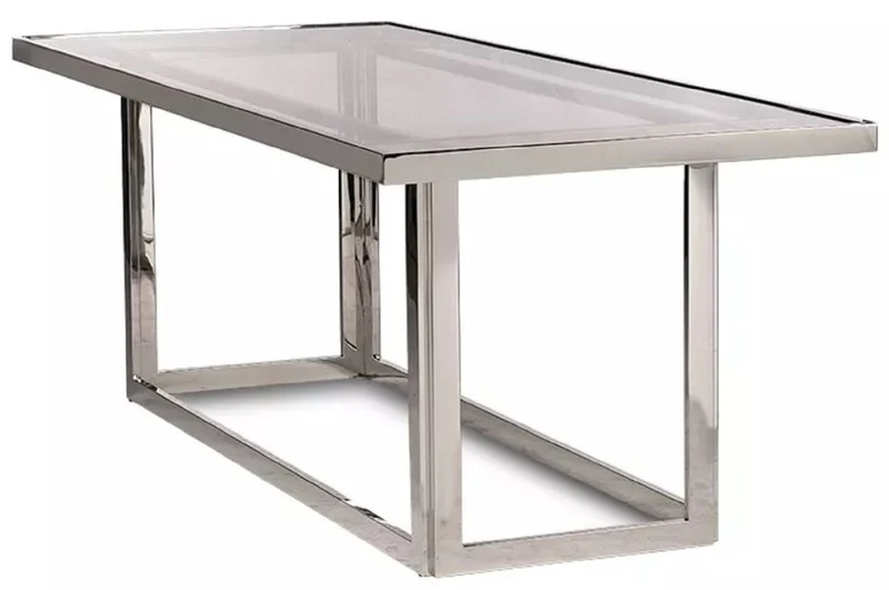 Casa Padrino Luxus Esstisch Silber 220 x 90 x H. 77 cm - Rechteckiger Metall Esszimmertisch mit Glasplatte - Esszimmer Möbel - Luxus Möbel