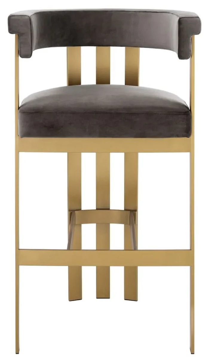 Casa Padrino Luxus Samt Barstuhl mit Armlehnen Grau / Messing 56 x 56 x H. 104 cm - Gepolsterter Barhocker - Bar Möbel - Luxus Möbel - Luxus Qualität