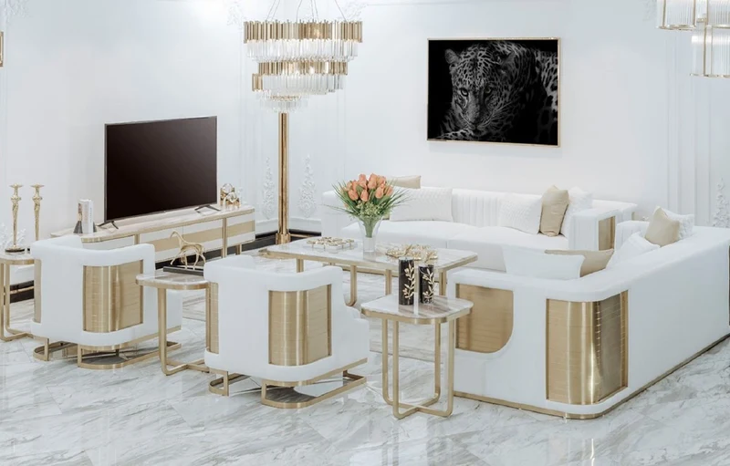 Casa Padrino Luxus Sofa Weiß / Gold 290 x 98 x H. 72 cm - Wohnzimmer Sofa - Hotel Sofa - Wohnzimmer Möbel - Wohnzimmer Einrichtung - Hotel Möbel - Luxus Möbel - Luxus Einrichtung