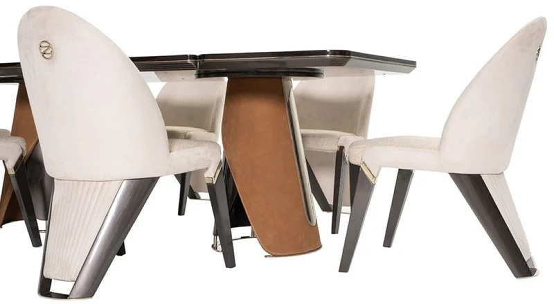 Casa Padrino Luxus Esstisch Dunkelbraun / Grau / Hellbraun / Gold 240 x 113 x H. 79,5 cm - Massivholz Esszimmertisch mit Tischplatte in Marmoroptik - Esszimmer Möbel - Luxus Möbel