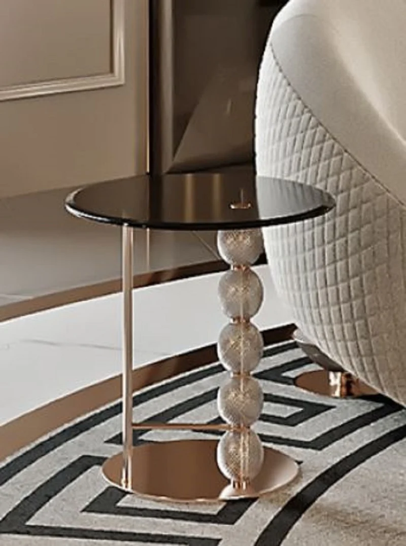 Casa Padrino Luxus Beistelltisch Kupfer / Schwarz Ø 57 x H. 60,5 cm - Runder Metall Tisch mit Glasplatte und dekorativen Glaskugeln - Wohnzimmer Möbel - Hotel Möbel - Luxus Möbel