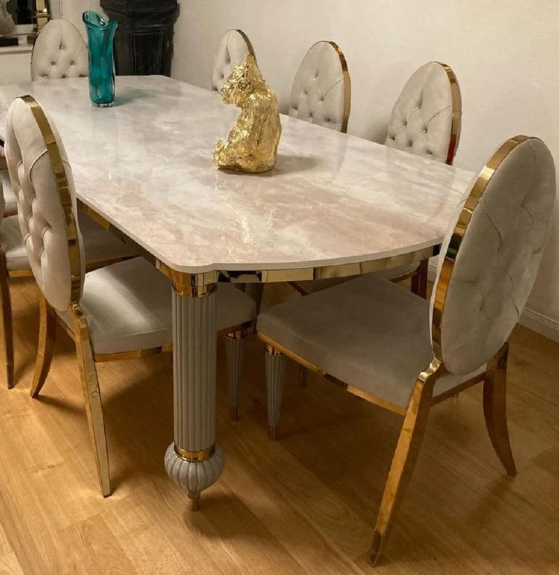 Casa Padrino Luxus Art Deco Esszimmerstuhl 4er Set Grau / Gold 50 x 58 x H. 109,5 cm - Elegante Küchenstühle - Esszimmer Möbel - Luxus Möbel - Art Deco Möbel - Luxus Einrichtung