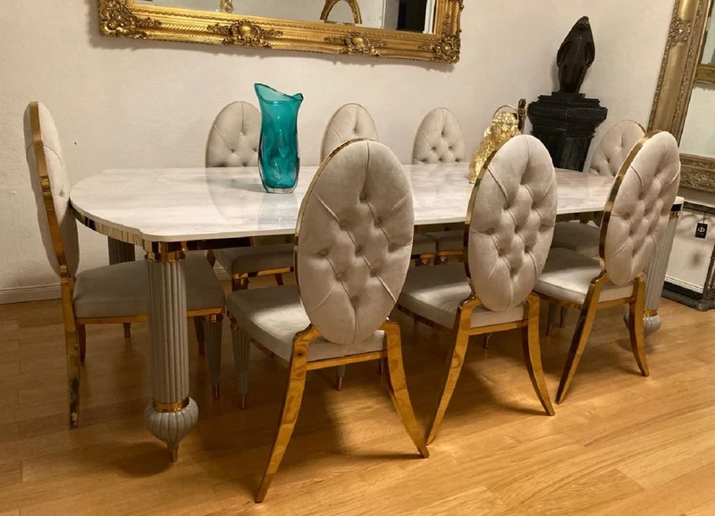 Casa Padrino Luxus Art Deco Esszimmerstuhl 4er Set Grau / Gold 50 x 58 x H. 109,5 cm - Elegante Küchenstühle - Esszimmer Möbel - Luxus Möbel - Art Deco Möbel - Luxus Einrichtung