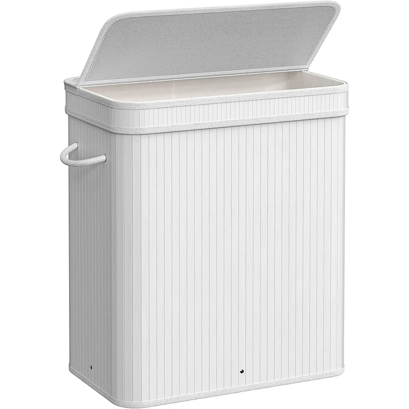 SONGMICS 100L Laundry Hamper with Lid Bamboo Laundry Basket with Liner Bag Foldable Storage Hamper with Handles White