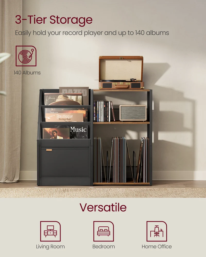Record Player Stand, 3-Tier Side Table, Vinyl Record Storage up to 140 Albums, End Table for Living Room, Bedroom, Rustic Brown