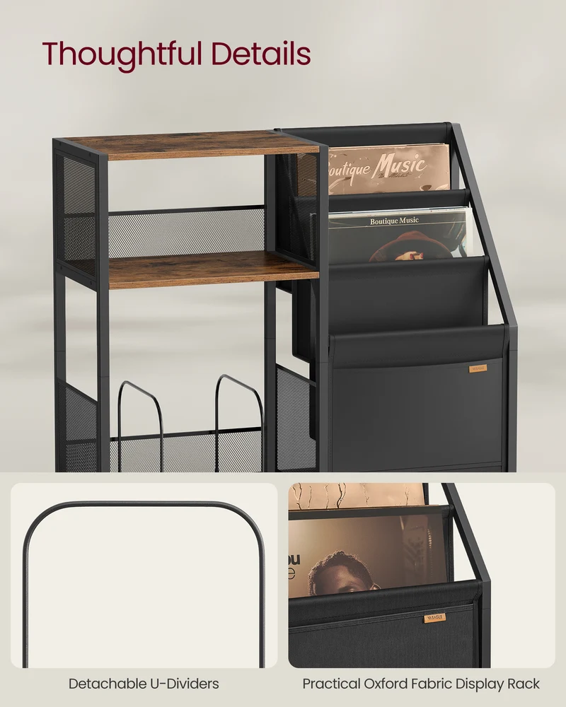 Record Player Stand, 3-Tier Side Table, Vinyl Record Storage up to 140 Albums, End Table for Living Room, Bedroom, Rustic Brown