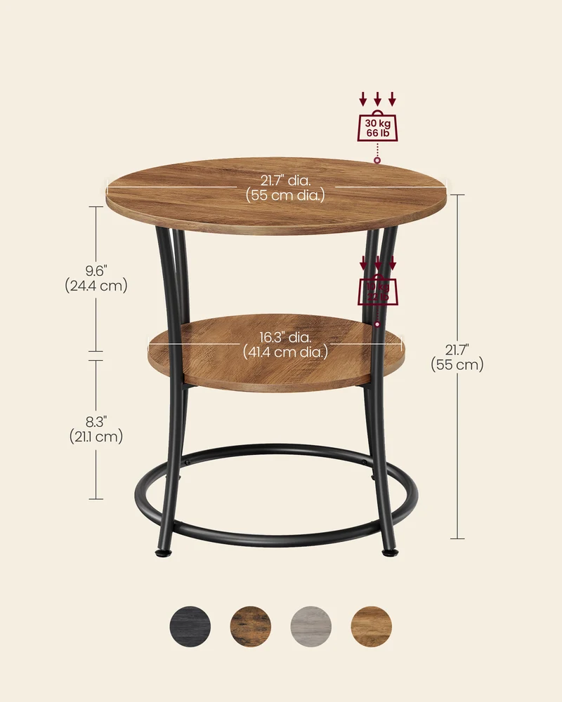Side Table, 2-Tier Round End Table, Nightstand with Steel Frame for Small Spaces, Living Room, Bedroom, Honey Brown and Ink Black