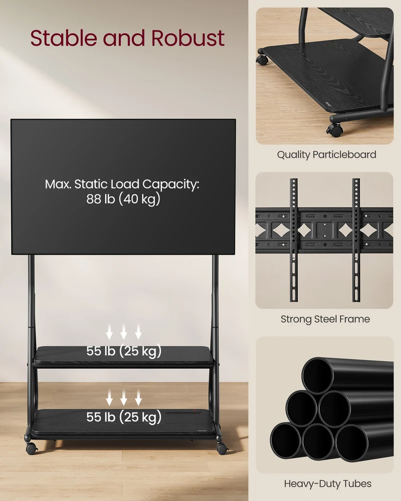 TV Stand with Wheels, for LCD LED OLED Flat Curved TVs up to 75 Inches and 88 lb, Rolling TV Cart, with Power Outlets, Storage Shelf, Height Adjustable, Ink Black and Ebony Black