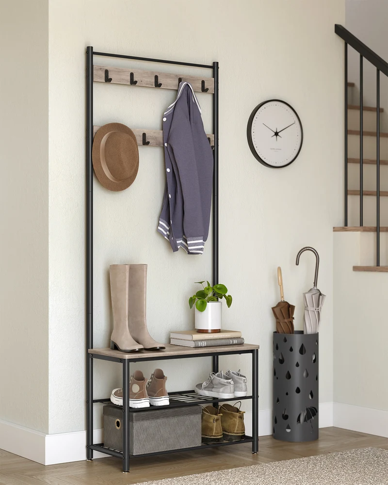 Coat Rack, Hall Tree with Shoe Storage Bench, Entryway Bench with Shoe Storage, 3-in-1, Steel Frame, for Entryway, 12.6 x 27.6 x 68.9 Inches, Industrial, Greige and Black