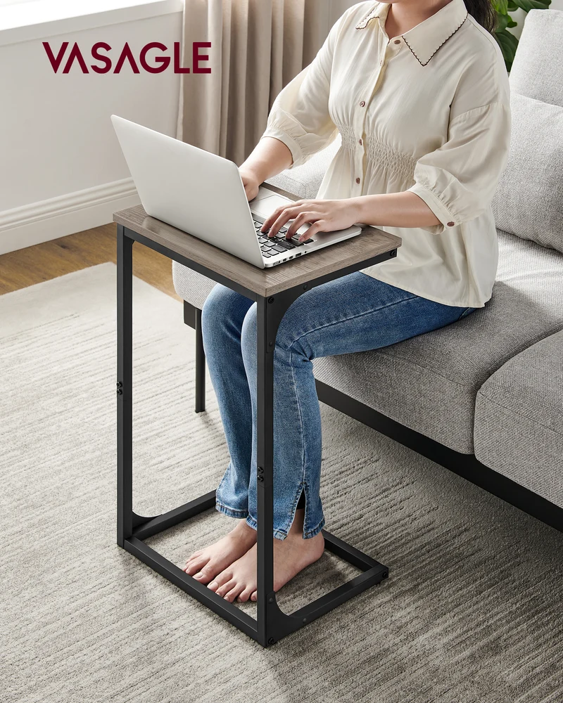 C-Shaped End Table, Side Table for Sofa, Couch Table with Metal Frame, Small TV Tray Table for Living Room, Bedroom, Greige and Black