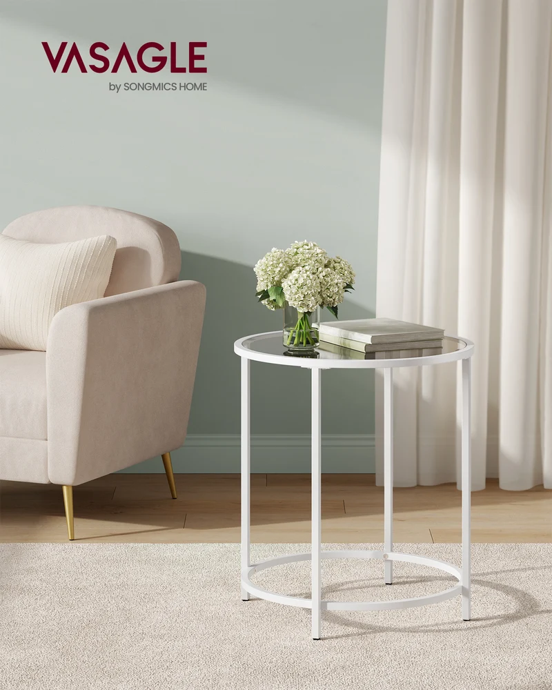 Round Side Table, Glass End Table with Metal Frame, White Coffee Table with Modern Style, for Living Room, Balcony, Bedroom, White