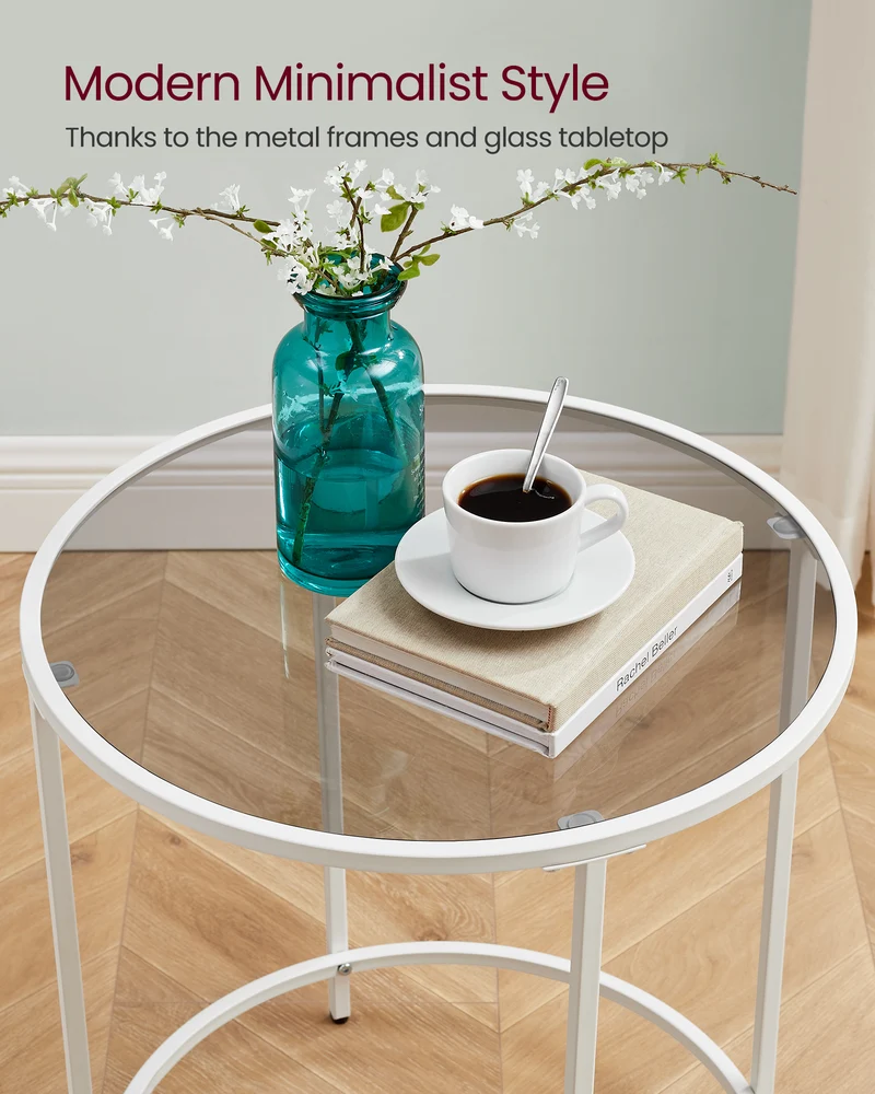 Round Side Table, Glass End Table with Metal Frame, White Coffee Table with Modern Style, for Living Room, Balcony, Bedroom, White