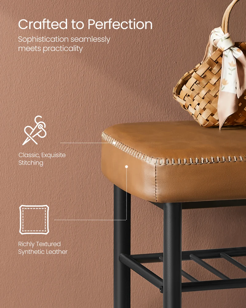 Shoe Rack Bench, Storage Bench for Entryway, Synthetic Leather with Stitching, Mid-Century Modern, Loads 300 lb, 11.8 x 39.4 x 19.7 Inches, Caramel Brown