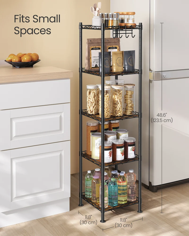 5-Tier Bathroom Shelf, Storage Rack for Small Space, with 5 PP Shelf Liners, Removable Hook, Extendable Design, Ink Black and Rustic Brown