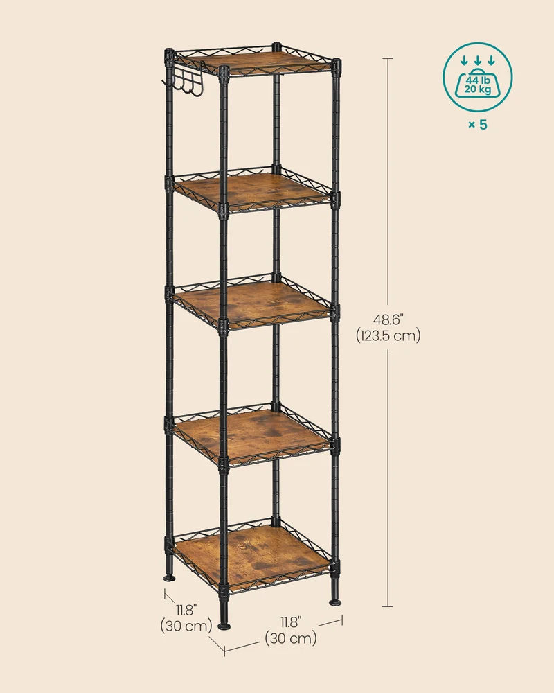 5-Tier Bathroom Shelf, Storage Rack for Small Space, with 5 PP Shelf Liners, Removable Hook, Extendable Design, Ink Black and Rustic Brown