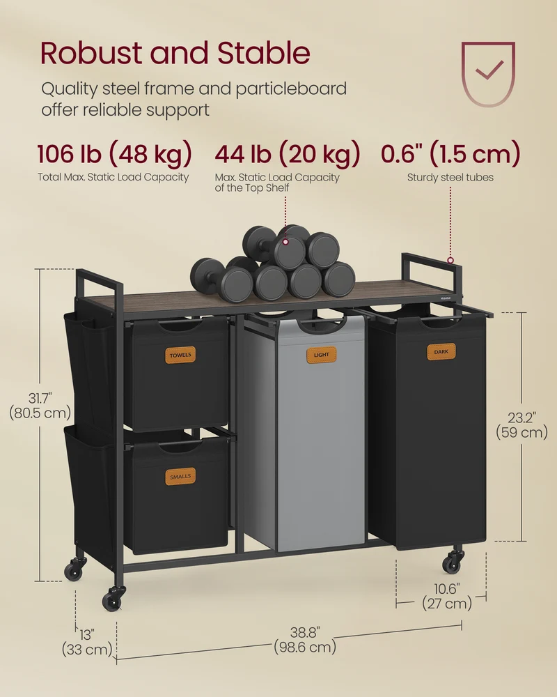 Laundry Hamper with 4 Compartments, 39.6 Gal. (150 L) Laundry Sorter, Rolling Laundry Cart with Shelves, Small Side Pockets, 6 Labels, Chestnut Brown, Ink Black and Dove Gray