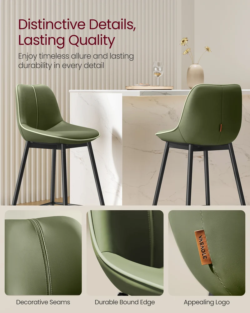 Bar Stools Set of 2, Bar Height Bar Stools with Back, Ergonomic Backrest, Synthetic Leather, Metal Legs, 28.7-Inch Tall Barstools for Kitchen Island Home Bar, Easy Assembly, Forest Green